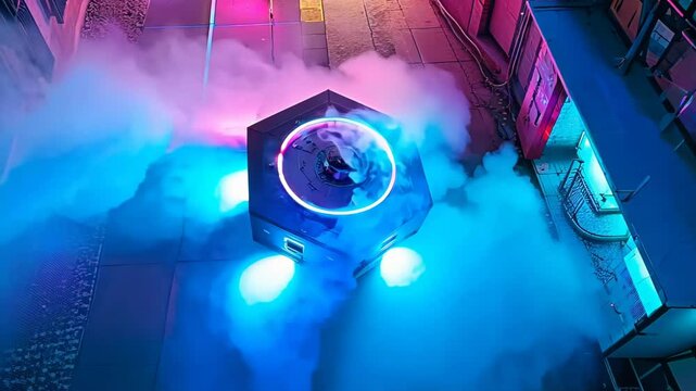 Octagonal device emits colorful fog in neon-lit alley. Haze expands, interacting with vibrating translucent sheets. Futuristic ambiance with pulsating lights and mysterious atmosphere.	