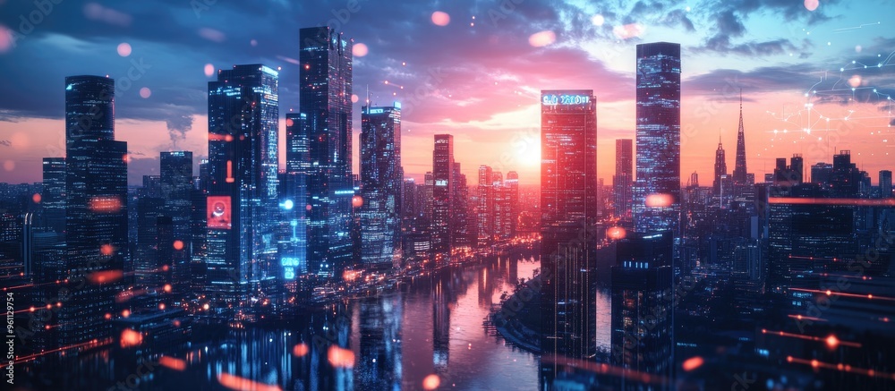 Poster panoramic view of a financial downtown skyline across a river featuring concepts of artificial intel