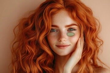 Fototapeta premium Young woman with green eye patches on her face, isolated against a beige background. Close-up portrait of a ginger-haired girl wearing a T-shirt and looking away while smiling, applying a cosmetic gel