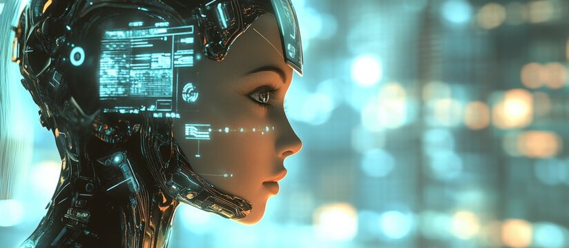 Futuristic 3D illustration of a female alien android representing artificial intelligence in a sci fi setting