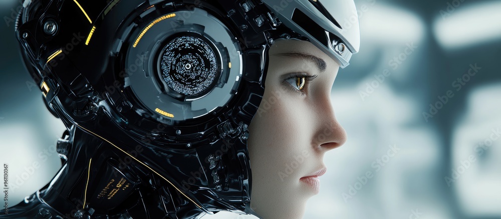 Poster virtual robot head with artificial intelligence concepts generated through 3d rendering and digital 