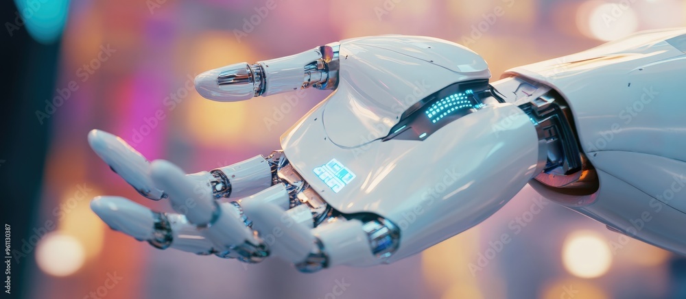 Poster white robotic hand against a blurred backdrop utilizing a 3d rendered cyber security data interface
