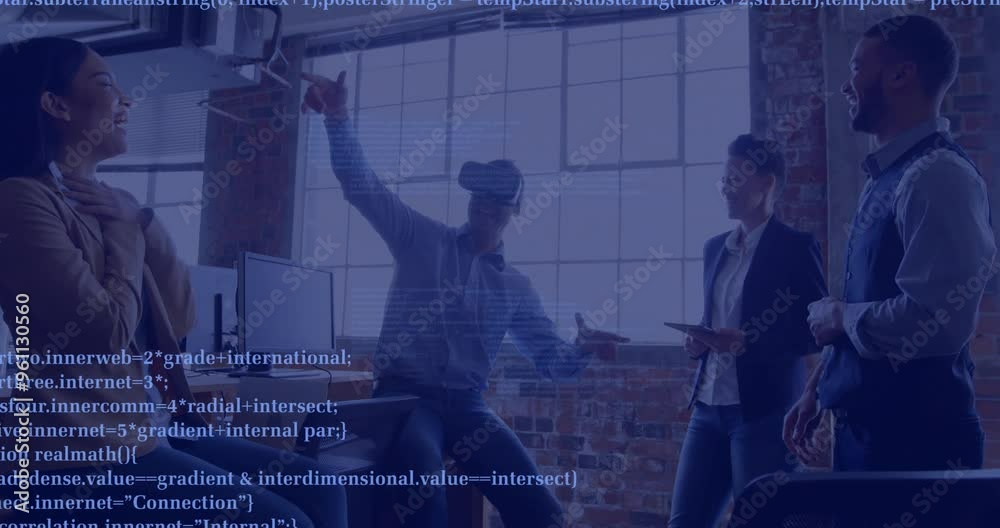Poster celebrating business team in office with programming code animation over them