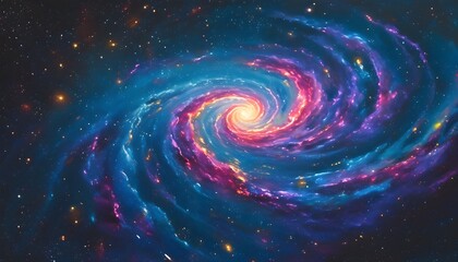 Vibrant Spiral Galaxy Surrounded by Colorful Nebula Clouds in Celestial Harmony