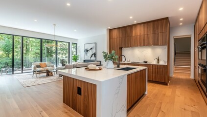 Fototapeta premium A photo of the kitchen in an apartment with white marble and wood accents, a large island, a built-in oven, wooden cabinets and a light-colored floor. Created with Ai