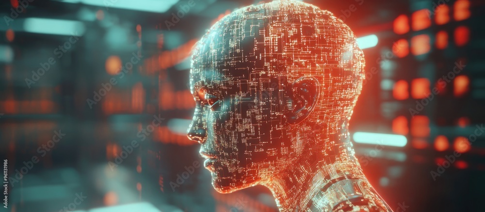 Poster cyborg generating artificial intelligence in 3d rendering with a blurred background