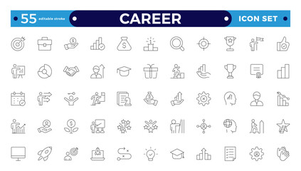 Career web icons set. Growth and success - simple thin-line icons collection. Containing career progress, growth profit coaching, business people, tutorship and more. Editable stroke outline icon.