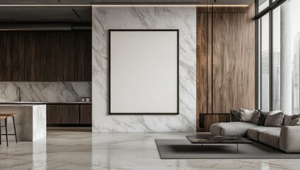 A mockup of an empty frame on the wall in a large, square format with dark wood frames and a white background, set against a modern interior design with marble accents. Created with Ai