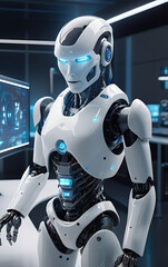 A futuristic robot in a high-tech lab with holographic interfaces and advanced machinery. The 3D render features detailed robotic design, glowing screens, and a clean, modern aesthetic