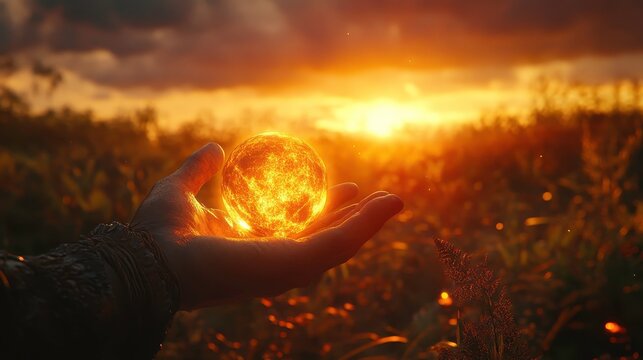 A mystical artifact glowing in the hands of a hero as the sun sets, symbolizing the revival of ancient myths