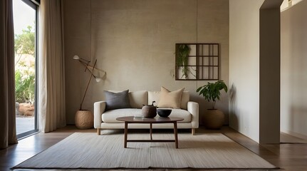 Fototapeta premium a serene living room where Japandi design, the elegant fusion of Japanese minimalism and Scandinavian warmth