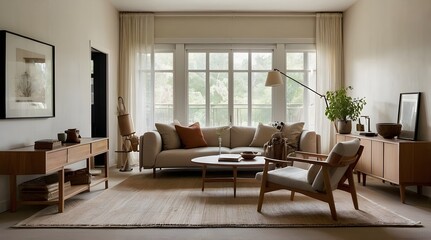Fototapeta premium a serene living room where Japandi design, the elegant fusion of Japanese minimalism and Scandinavian warmth
