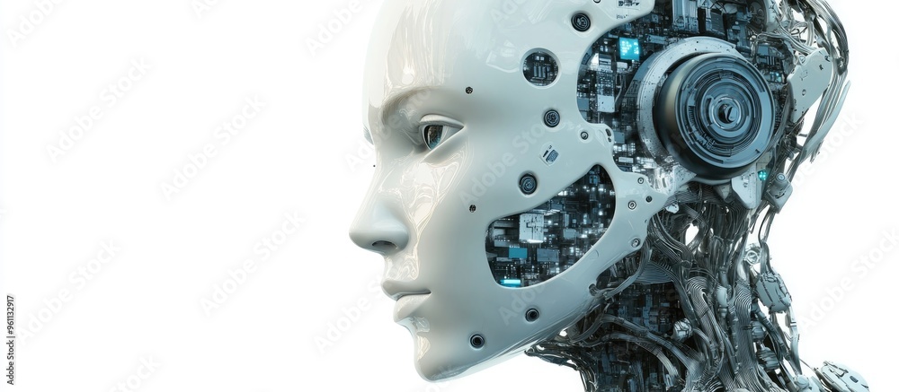 Aufkleber 3d rendering of a segmented ai robot head featuring a digital graphic brain engine isolated on a whi
