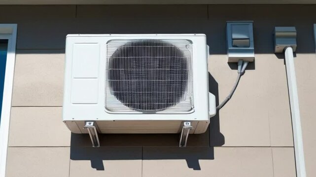 A modern air conditioning unit mounted on a beige exterior wall, showcasing a sleek design with a circular grill and minimalistic installation features created with generative ai
