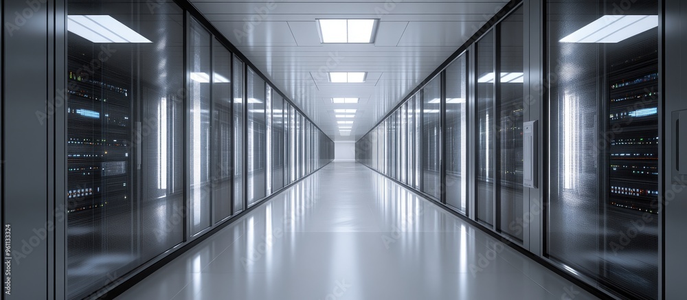 Poster interior view of a data center corridor featuring numerous rack servers and supercomputers along wit