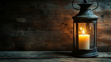 A rustic lantern with a lit candle inside, set against a dark wooden background.