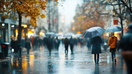 A Busy City Street Sees an Anonymous Crowd of People Walking on a Rainy Day, Umbrellas and Blurred Motion © ASHFAQ