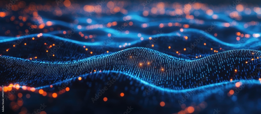Poster blockchain network connections in a digital cyberspace featuring an abstract matrix background 3d re