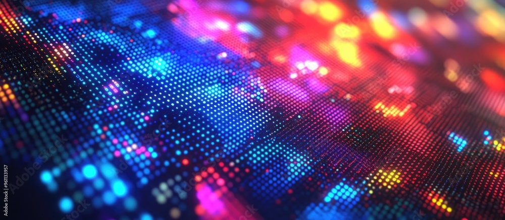 Poster close up view of an rgb led computer monitor screen displaying intricate pixel patterns in an abstra