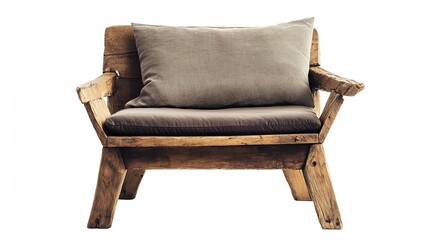 Rustic wooden armchair with a grey cushion and pillow.