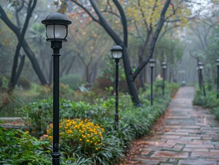 A Row of Streetlights Along a Foggy Path in a Park