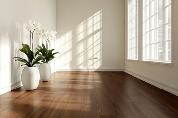 A serene interior with wooden flooring, large windows, and potted orchids.