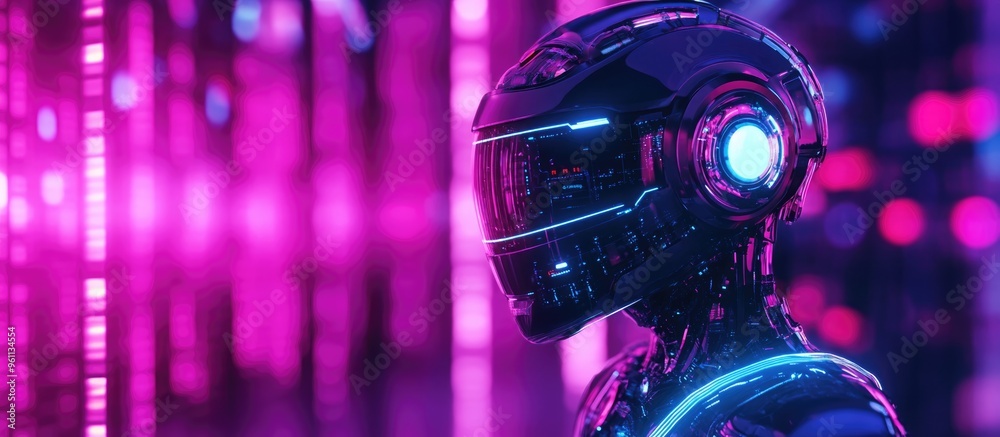 Poster 3d render of a retro wave style design featuring robot and artificial intelligence themes