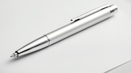 A silver pen lying on a white surface, ready to write.