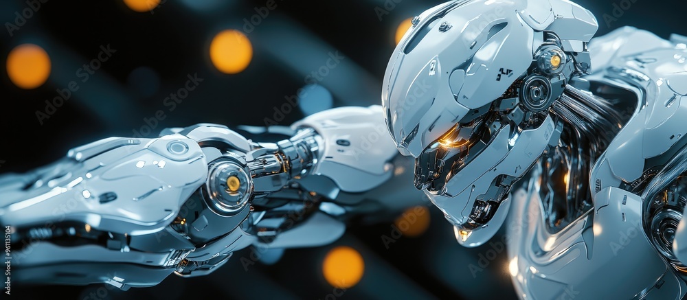 Poster three dimensional computer generated rendering of a robotic figure