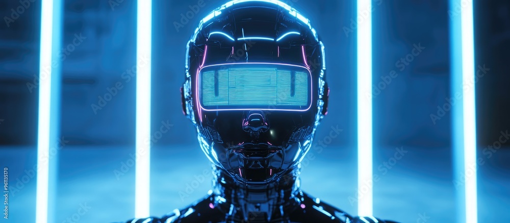 Poster human shaped robot featuring an artificial intelligence hologram interface displayed in front 3d ren