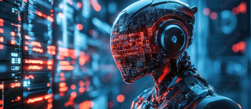 Poster futuristic robot with glowing circuits in a laboratory setting concept of cyberspace and technology 
