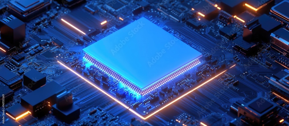 Poster illuminated blue computer chip on a motherboard graphics processor for artificial intelligence minin