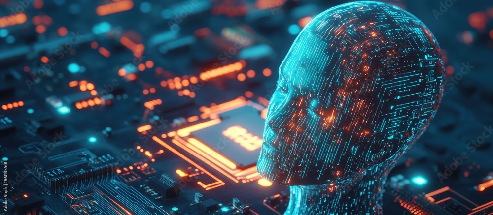 Wall mural humanoid figure symbolizing artificial intelligence ai services featuring a chip alongside ai text a