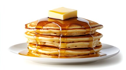 Stack of pancakes with butter and syrup.