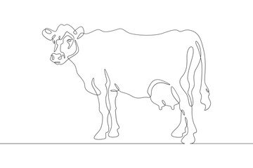 Continuous one line drawing dairy cow. Cattle. Dairy industry. Milk. Side view of a cow.One continuous line isolated minimal illustration.