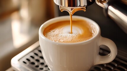 A robust cup of coffee is brewed with an espresso coffee maker.