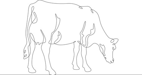 Continuous one line drawing dairy cow. Cattle. Dairy industry. Milk. Side view of a cow.One continuous line isolated minimal illustration.