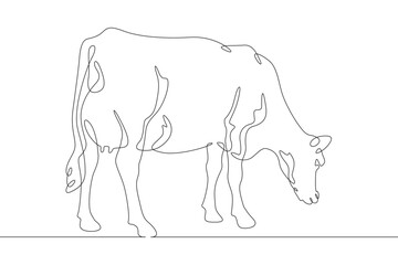 Continuous one line drawing dairy cow. Cattle. Dairy industry. Milk. Side view of a cow.One continuous line isolated minimal illustration.
