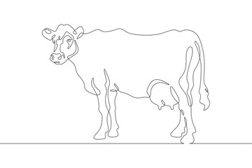 Continuous one line drawing dairy cow. Cattle. Dairy industry. Milk. Side view of a cow.One continuous line isolated minimal illustration.