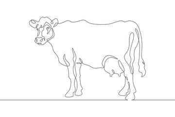 Continuous one line drawing dairy cow. Cattle. Dairy industry. Milk. Side view of a cow.One continuous line isolated minimal illustration.
