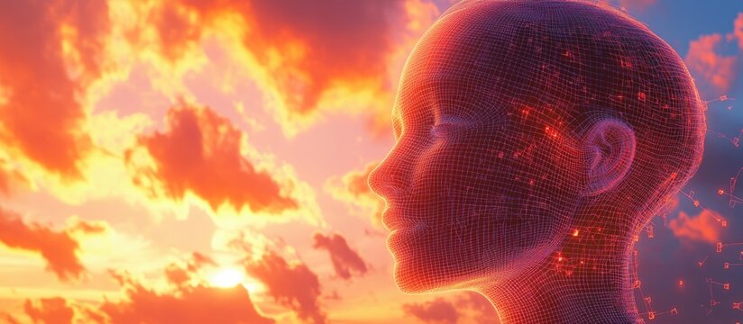 Abstract 3D illustration of a wireframe female head against a sunset sky representing themes of technology cyborgs digital identity virtual avatars and futuristic concepts
