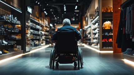 A motorized wheelchair user easily accessing a high-end retail store highlighting accessibility features like ramps and wide aisles