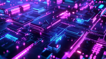 Obraz premium Abstract futuristic circuit board with glowing neon lights in pink and blue, representing advanced technology and digital innovation.