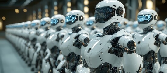 Fototapeta premium Close up view of numerous industrial humanoid robots with glass visors arranged in rows within a spacious storage facility A significant display of AI powered humanoid robots in formation