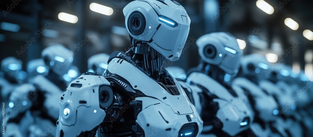 Poster futuristic scene showcasing robots in action a representation of advanced technology through 3d rend