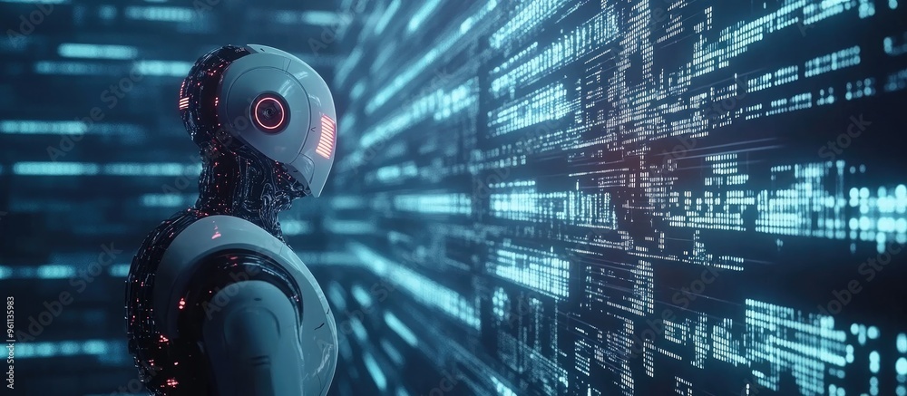 Aufkleber ai robots and big data analytics with a digital data backdrop