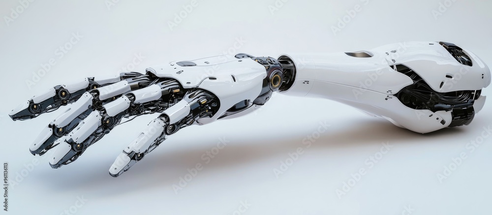 Poster 3d rendering of a robotic hand extended and isolated on a white background