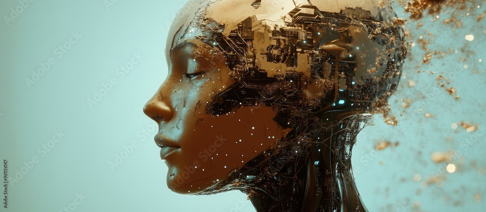 Poster 3d rendering of a robotic cyborg head depicting the concept of artificial intelligence and advanced 
