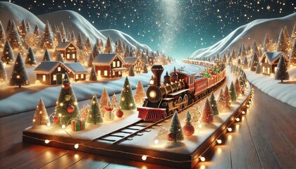 Magical Christmas village with a toy train, decorated houses, and snowy trees.