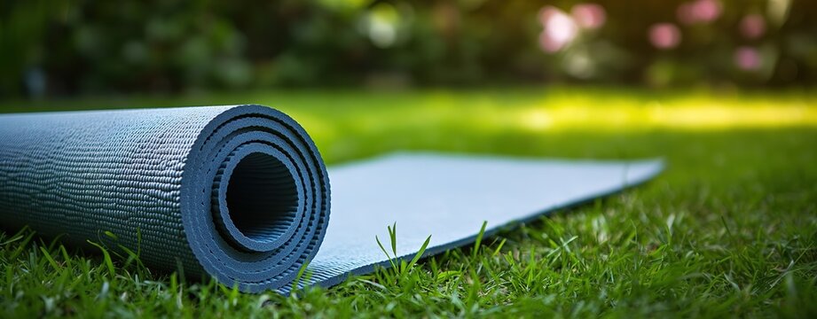 Rolled yoga mat on sunny grass